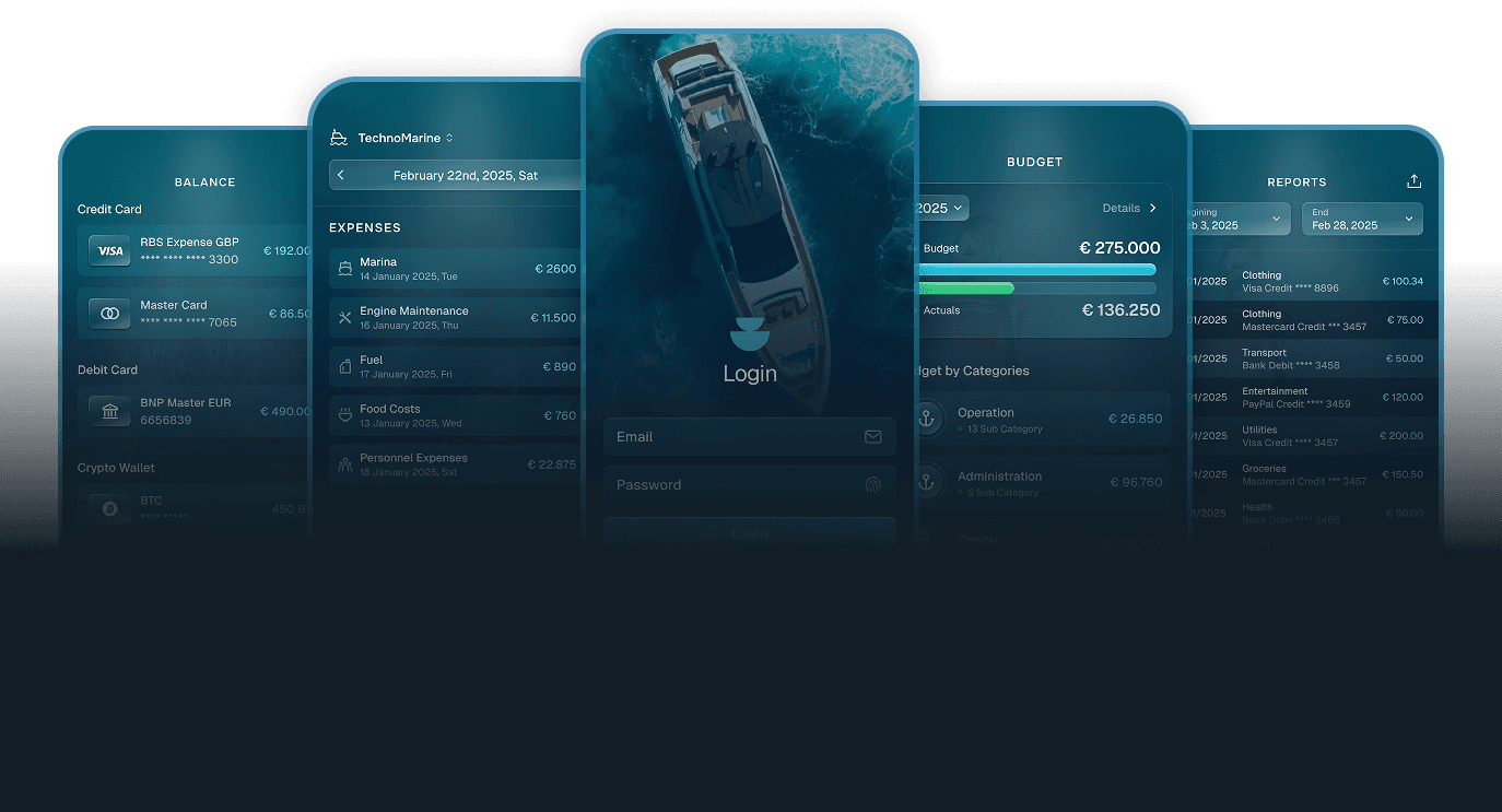 YachtBooks mobile app: balance, expenses, budget and reports screens
